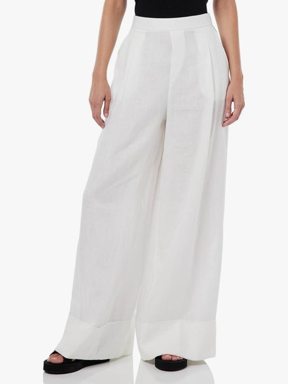 United Colors Of Benetton White Linen Elastic Waist wide leg cuffed Pants